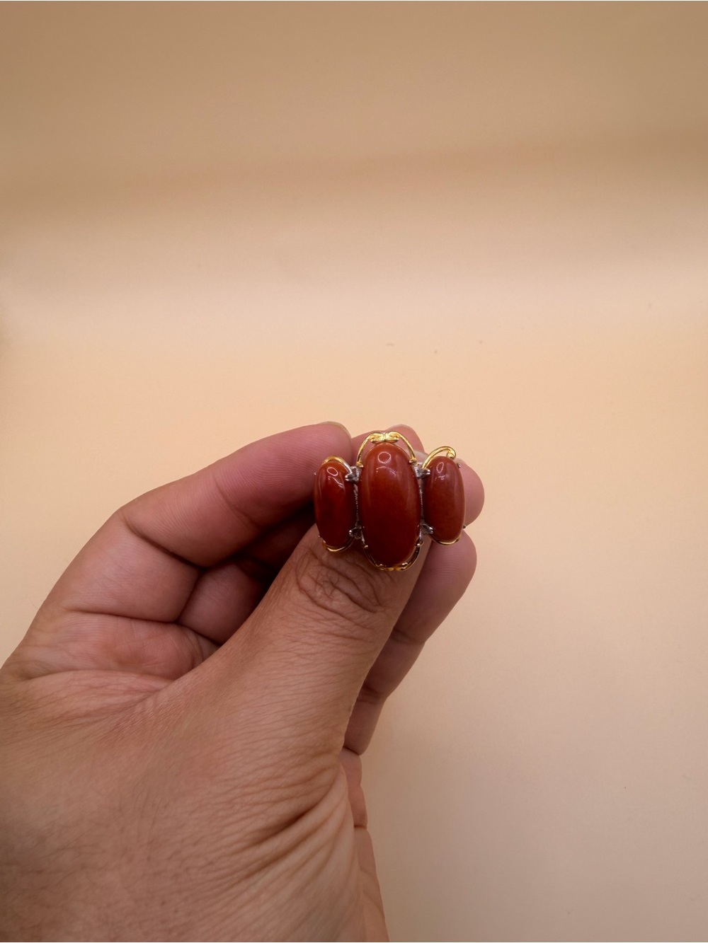 925 Sterling Silver Orange Jade Ring Size 10.